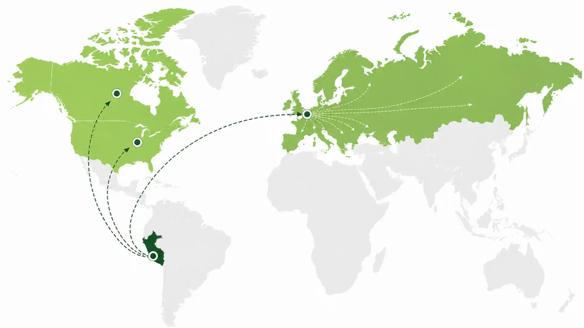 Map showing origin in Peru and operations in North America and Europe